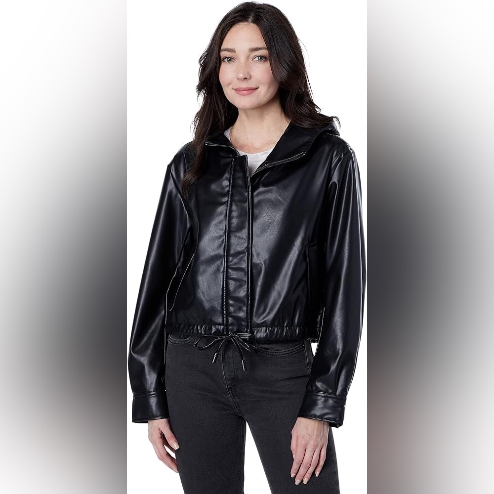 Sam Edelman Vegan Faux Leather Hooded Bomber Jacket Size L Crop Drawstring Black